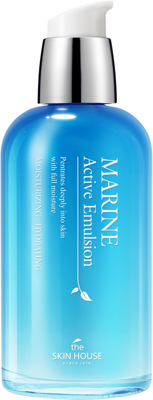 En blå flaska med vit kork och silverdetalj, märkt som Marine Active Emulsion för hudfuktning.