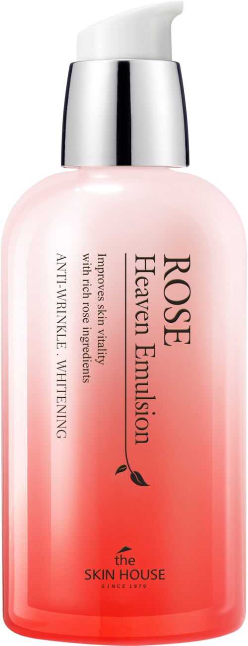 En rosa- och vit hudvårdsflaska märkt "Rose Haven Emulsion" från The Skin House, med en silverpump.