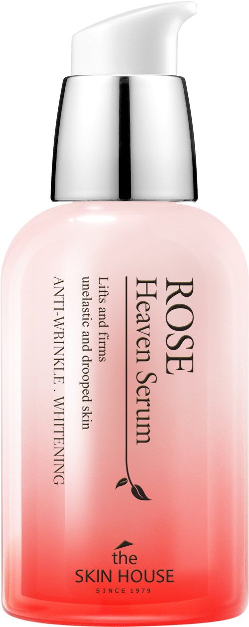 Vaaleanpunainen ja valkoinen pumppupullo, jossa lukee 'ROSÉ Heaven Serum' ihonhoitoon.