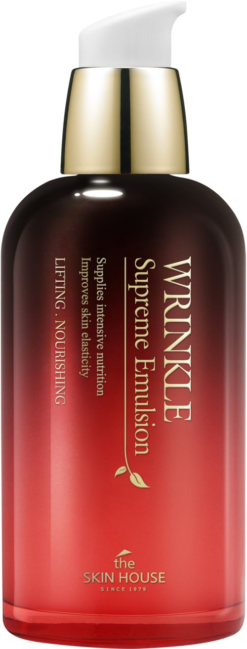 En röd och brun flaska med vit pump och guldlock, märkt som Wrinkle Supreme Emulsion för hudvård.
