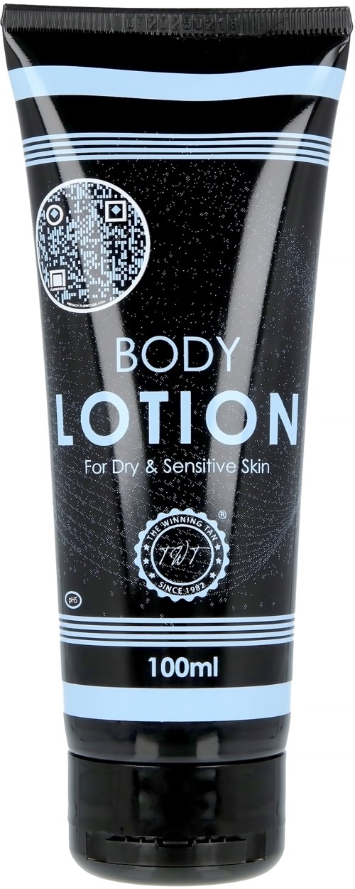 Svart och blå kroppslotionrör för torr och känslig hud, 100 ml storlek, med QR-kod och logga.