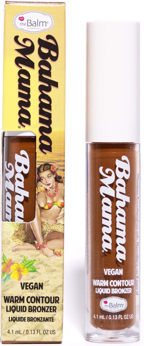 En æske og en flaske med Bahama Mama vegansk væskebenalges, et varmt kontur-makeup-produkt. Æsken har en strandscene.