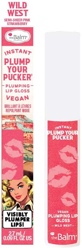 En lyserød læbe gloss-pakke med læbeillustration, mærkenavn og beskrivelse af vegansk, fyldig, skinnende læber.