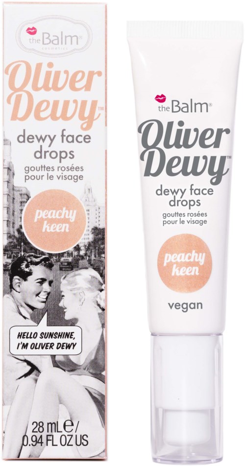 Vegan ansigtsdrops med ferskenduft i en hvid tube, ved siden af en æske med retrofoto og logo, 28 ml.