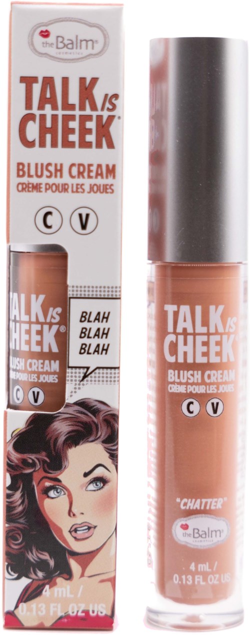 En læbepomade med en tegneseriekvinde, mærket som talking cheek blush cream, med en metalhætte.