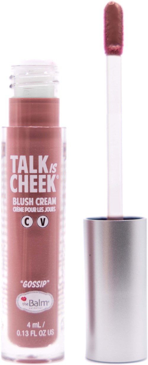 En lyserød læbestift på tube med mærket "TALK cheEK" med en sølvhætte og applikator.