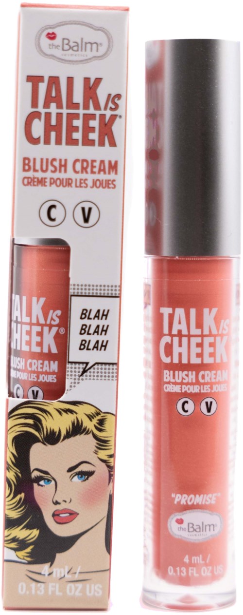 En læbepomade kaldet 'TALK is CHEEK' med lyst emballage, med en tegneserie kvindes ansigt og tekst om blushcreme.