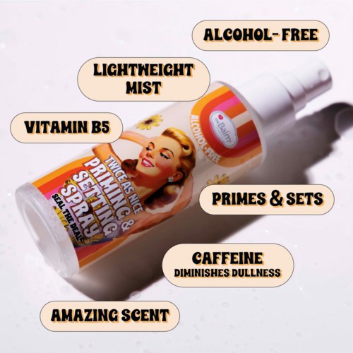 En sprayflaske siger, den er alkohol-fri, let tåge med B5-vitamin, koffein, god duft, forbereder huden, mindsker træthed.