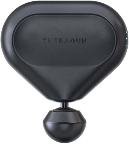 A black massage device with a rounded, pad-like head and a small attachment below it.