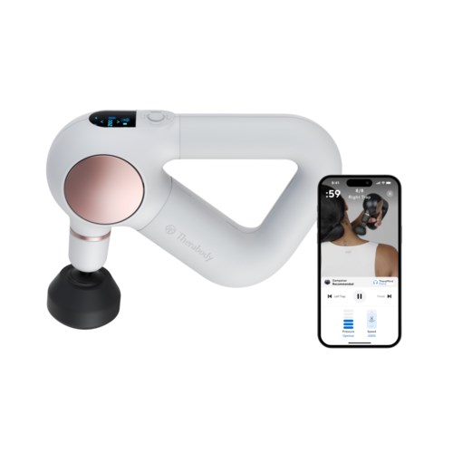 En handhållen massageapparat med en mobil som visar en kvinna som använder den på axeln.