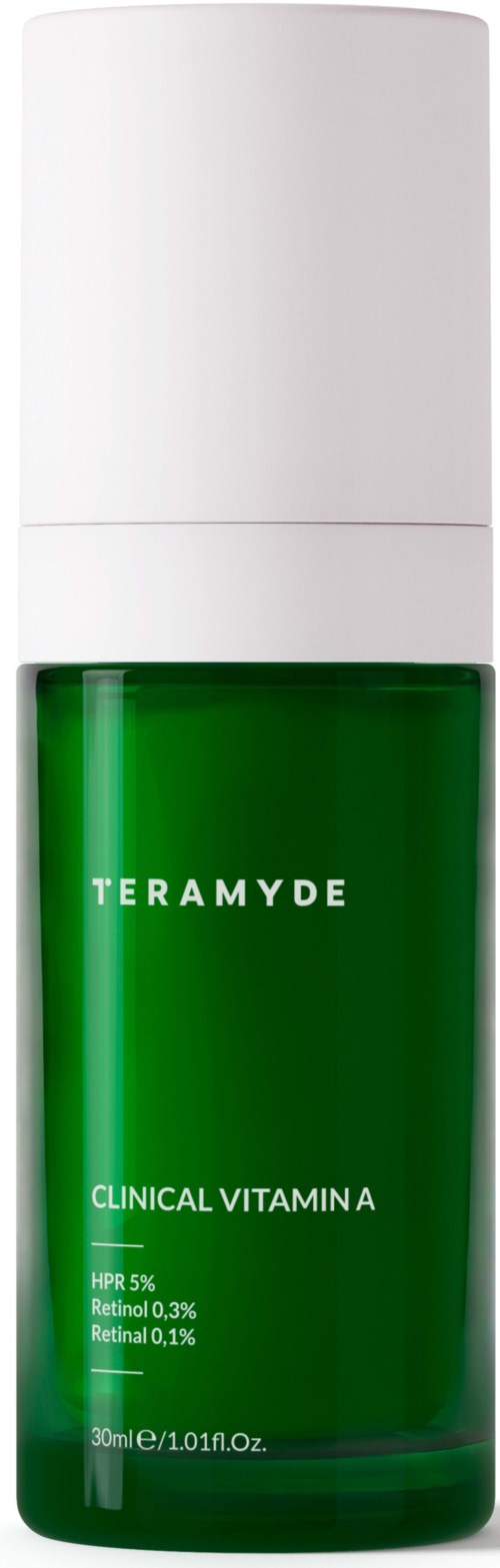 En grön flaska med Teramyde Clinical Vitamin A hudvårdsprodukt, vit kapsyl och etikett med innehåll.