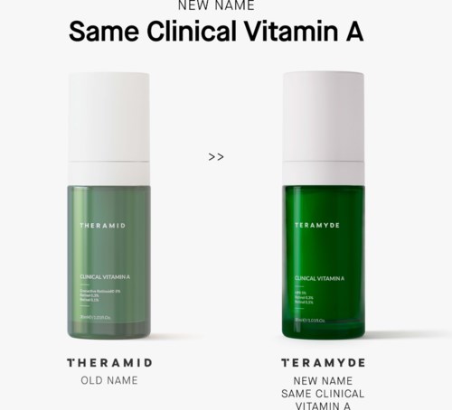Bilderna jämför gammal och ny förpackning av Teramyd Vitamin A-serum, visar liknande flaskor med olika etiketter.