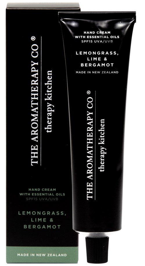 En svart tube og matchende eske med hvit og grønn tekst for håndkrem, sitrongress, lime og bergamot duft.