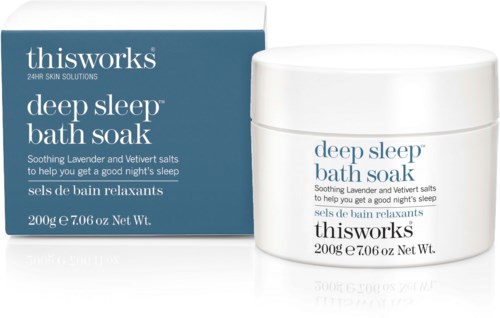 A box and jar of This Works Deep Sleep Bath Soak for relaxing sleep, with lavender and vetiver salts.