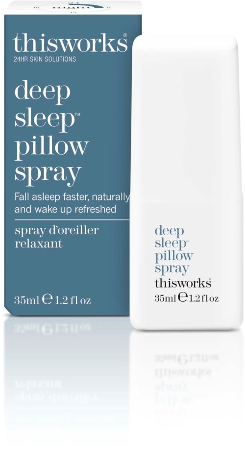 A bottle and box of deep sleep pillow spray for better sleep and refreshing mornings.