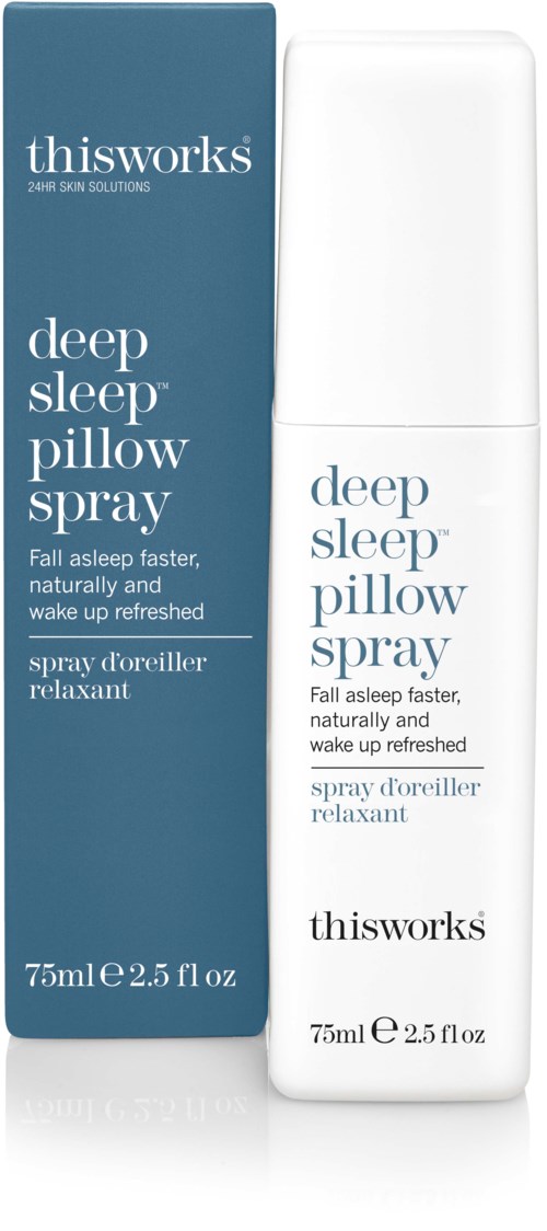 A white spray bottle and blue box, labeled as deep sleep pillow spray for faster, natural sleep and refreshing wake.