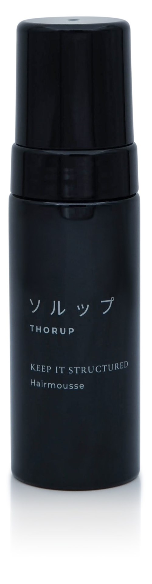Dunkel gefärbte Haarmousse-Flasche mit japanischem und englischem Text, einschließlich 'Thorp' und 'Keep it Structured.'