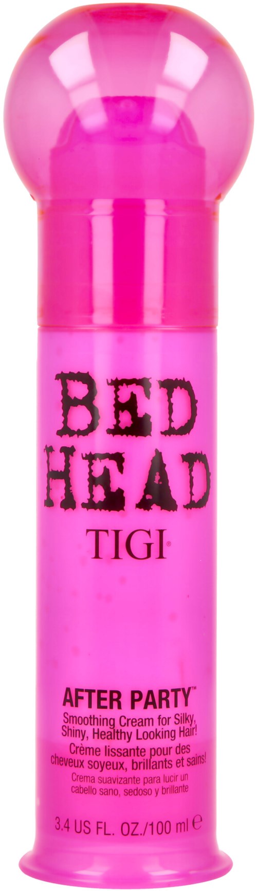 Rosa cylindrisk flaska med rund topp, märkt 'BED HEAD TIGI' och 'AFTER PARTY,' ett hårstylingskrämrör.