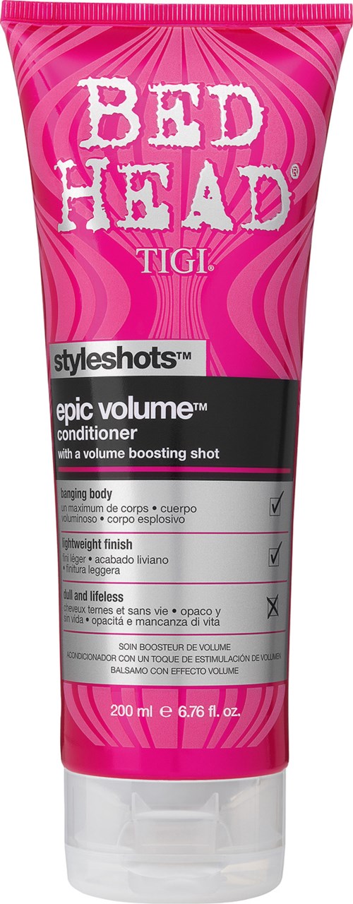 Pink tub med Bed Head TIGI Epic Volume balsam som fokuserar på volym och glansigt utseende för håret.