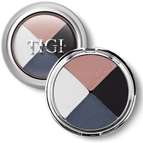 Två runda makeup-kompakta med fyra färgsektioner vardera, inklusive rosa, svart, vitt och blå nyanser.