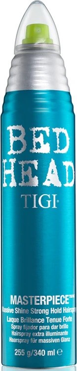 A blue spray can with green nozzle, labeled "BED HEAD TIGI" and "MASTERPIECE" for hair shine and hold.