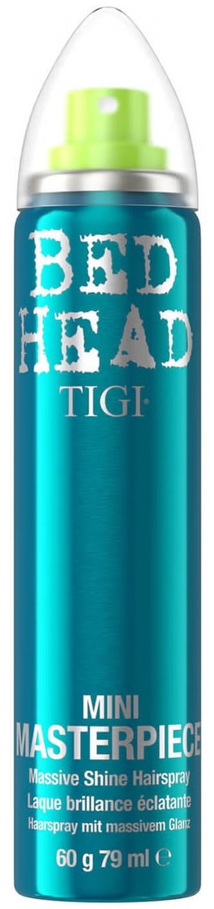 En blå boks med klart lokk, merket 'BED HEAD TIGI MINA MASTERPIECE Hairspray' for glans og hold.