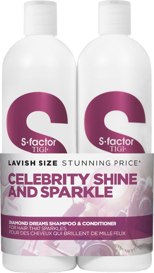 To hvite flasker med S-factor sjampo og balsam med lilla etiketter for skinnende, glitrende hår. Promoteringsemballasje.