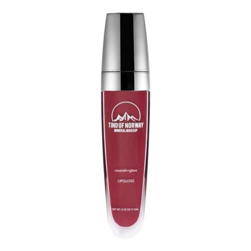 En flaska med Tind of Norway mineral makeup gloss, rosa färg, med ett silverlock.