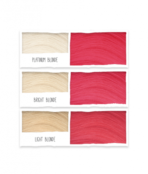 Trzy próbki koloru włosów oznaczone jako Platinum Blonde, Bright Blonde i Light Blonde, pokazujące różne odcienie blond i czerwony.