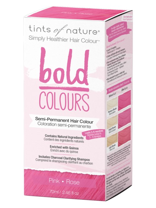 Rosa og beige esker viser hårfargeprodukt kalt 'bold colours' med naturlige ingredienser og klargjøringssjampo.