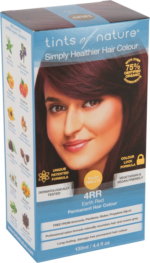 A box of hair dye named Tints of Nature in Earth Red color, showing a smiling woman with dark red hair.