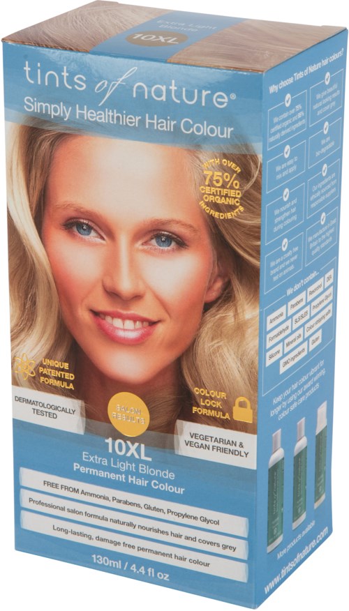 A box of hair dye for light blonde, permanent color, with a smiling woman on the front, and details about ingredients and use.