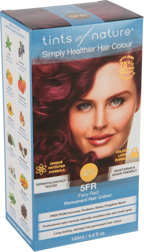 Box of Tints of Nature hair dye in Fiery Red shade with a woman showing red, curly hair.
