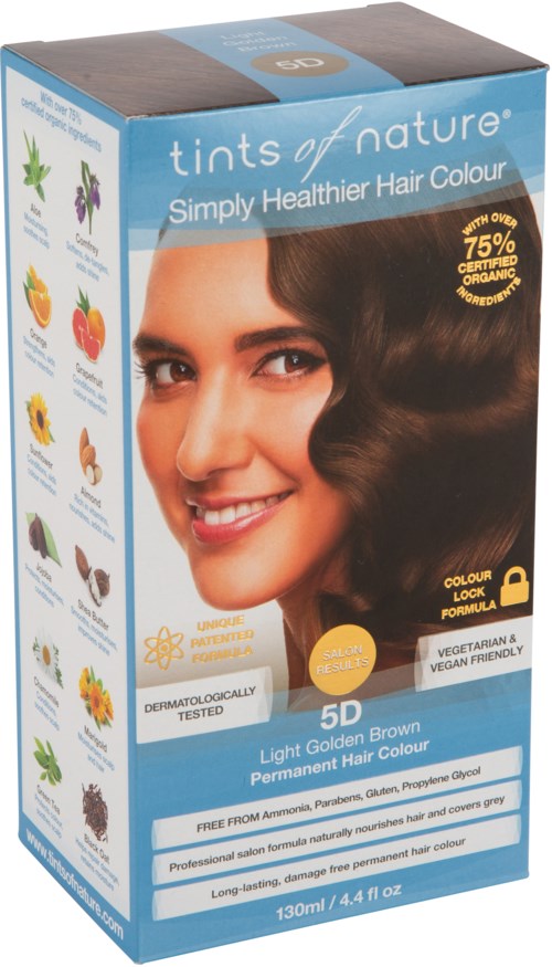 A hair dye box features a woman with brunette hair, highlighting permanent hair color in light golden brown.