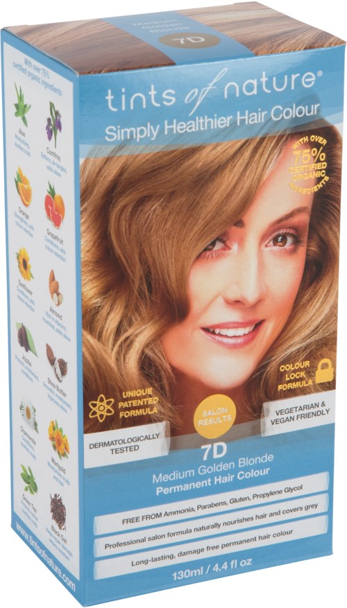 A box of hair dye with a woman showing shiny, light brown hair, and text about natural, long-lasting color.