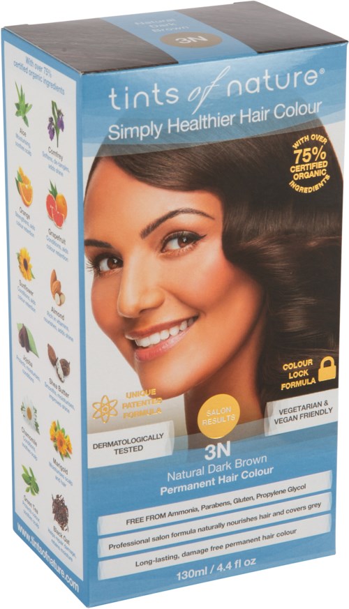 A box of hair dye with a smiling woman, showing dark brown hair, and labels indicating natural and organic ingredients.