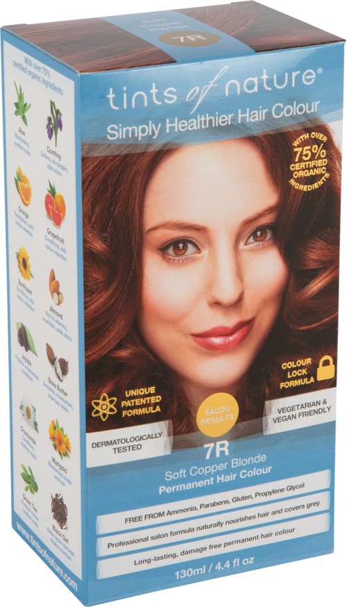 A box of hair dye with a photo of a woman with shiny brown hair, and labels stating natural ingredients and permanent color.