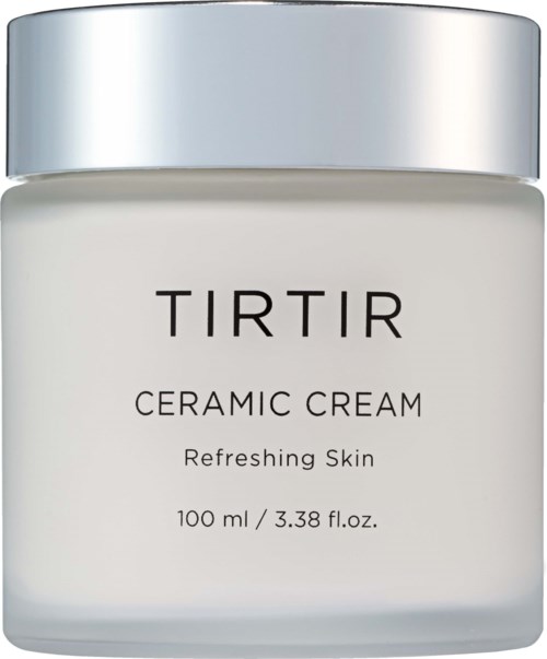 Valkoinen purkki hopealusikalla, merkki TIRTIR Ceramic Cream, Refreshing Skin, 100 ml.