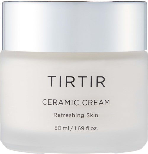 Biały słoiczek z srebrnym wieczkiem, oznakowany 'TIRTIR CERAMIC CREAM' dla skóry, 50 ml.