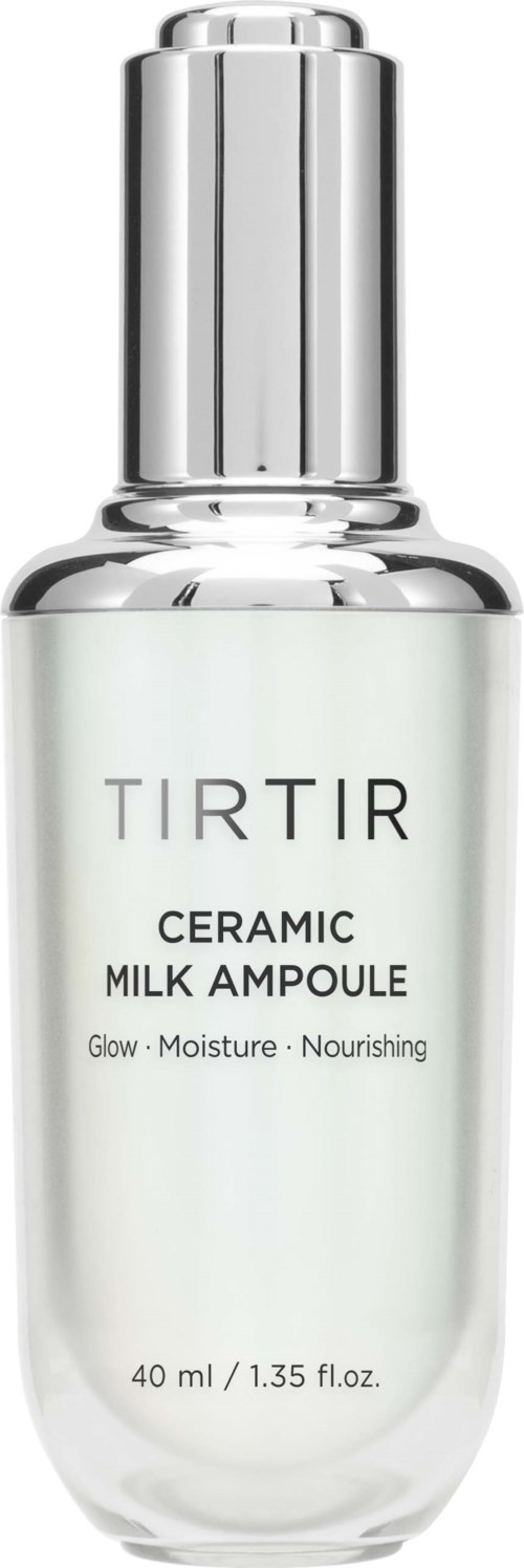 Valkoinen pullo hopeisella kalsilla merkattu TIRTIR Ceramic Milk Ampoule, pieni koko, ihonhoitoon.