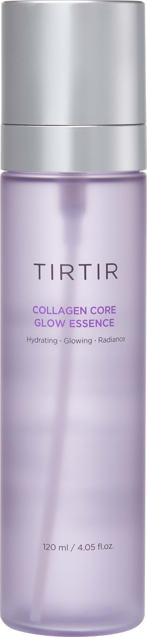 En lang, lys lilla flaske med sølvtopp, merket "TIRTIR COLLAGEN CORE GLOW ESSENCE."