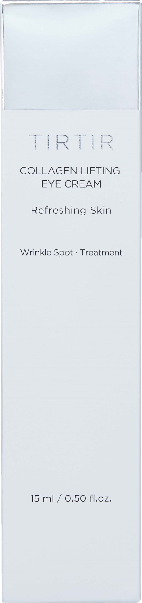 A white box with text about collagen eye cream for lifting and refreshing skin, 15 ml or 0.50 fl oz.