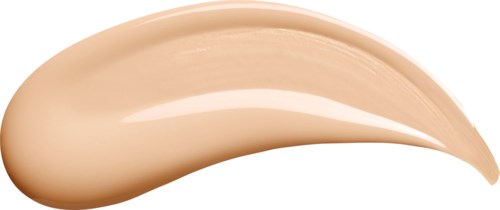 Een beige vloeibare foundationprobe met een gladde, licht gebogen vorm. Het lijkt romig en gelijkmatig van textuur.