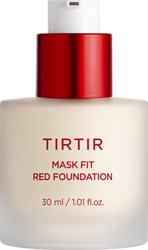 En flaska av TIRTIR Mask Fit Red Foundation med rött lock, vit kropp och etikett som visar produktuppgifter.