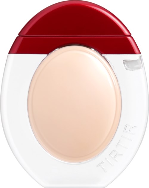 A compact makeup case with a red lid and a beige powder inside.
