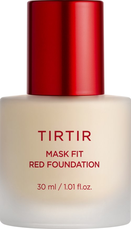 Eine Flasche TIRTIR Mask Fit Red Foundation mit rotem Deckel und weißem Körper, beschriftet mit Produktinformationen.
