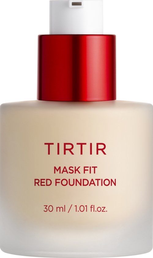 Eine Flasche TIRTIR Mask Fit Red Foundation mit weißem Verschluss und rotem Ring, enthält 30 ml.