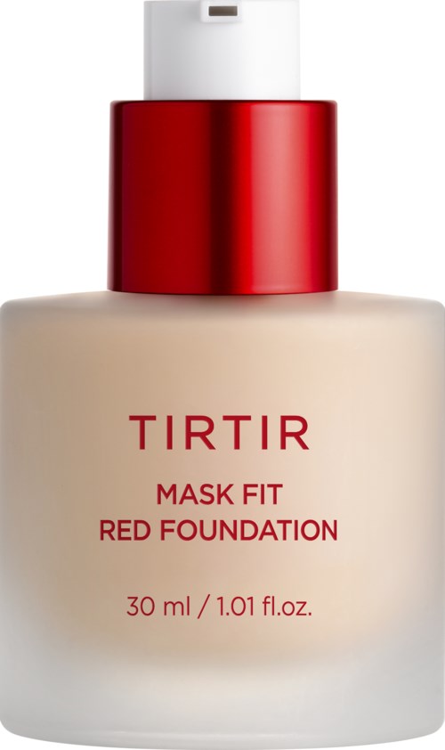Eine Flasche TIRTIR Red Foundation Mask Fit, 30 ml, mit weißem Körper und rotem Deckel.