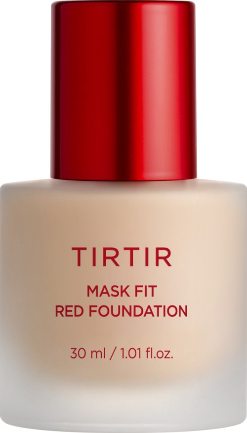 Eine Flasche TIRTIR Mask Fit Red Foundation mit rotem Deckel und weißem Körper. Text zeigt Produktname und Größe.