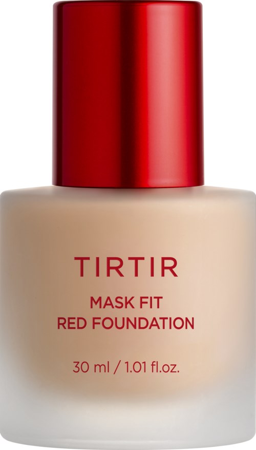 Eine Flasche TIRTIR Fit Mask Red Foundation zum Schminken, mit rotem Deckel und beiger Flasche.